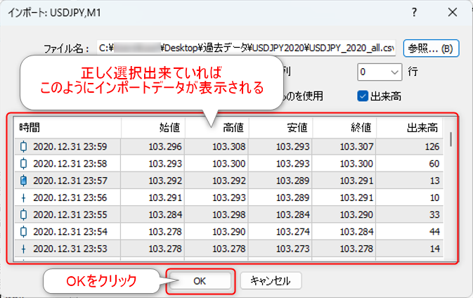 USDJPYインポートした過去データの表示を確認する方法