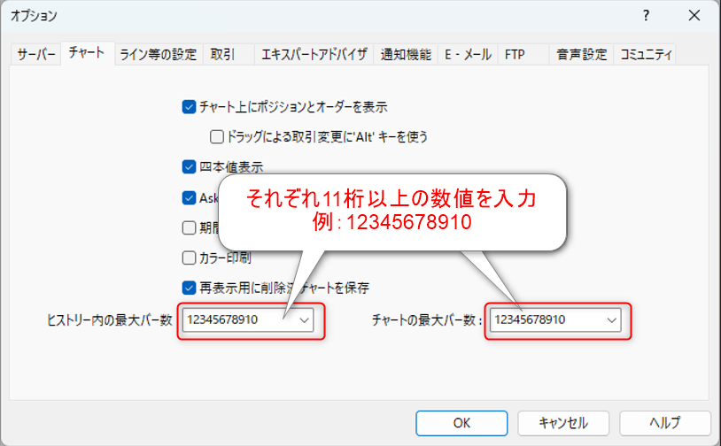 MT4のバー数（ローソク足）の表示を最大にする方法