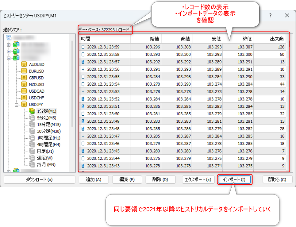 MT4のヒストリーセンター内でレコード数とインポートデータの表示を確認する