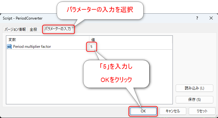 MT4-PeriodConverterのPeriod multiplier factorの値を入力する方法